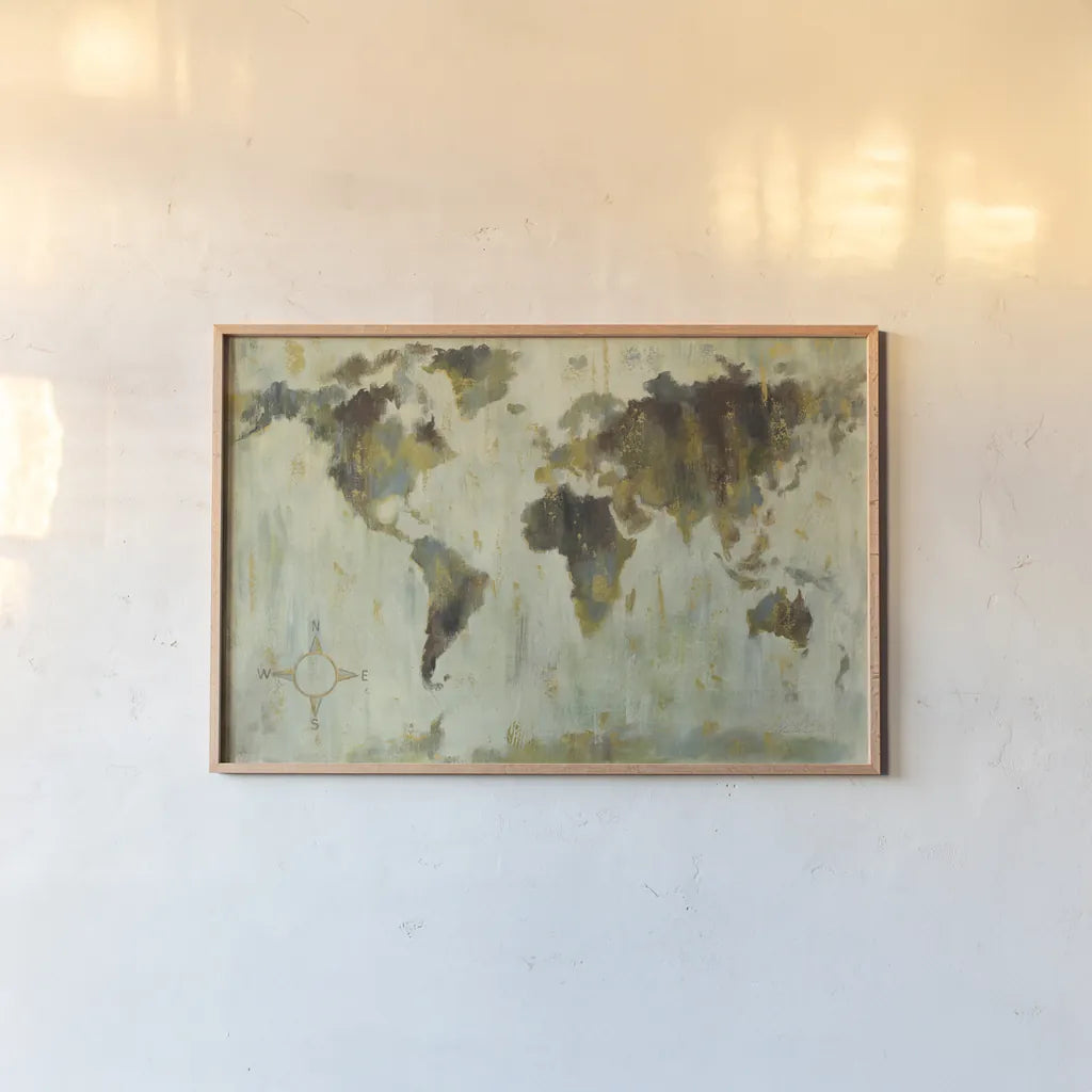 Bronze World Map by Silvia Vassileva. shown as a paper print in a natural frame. Available as a archival giclee rolled canvas, fine art paper, or poster print. SKU 53713i.