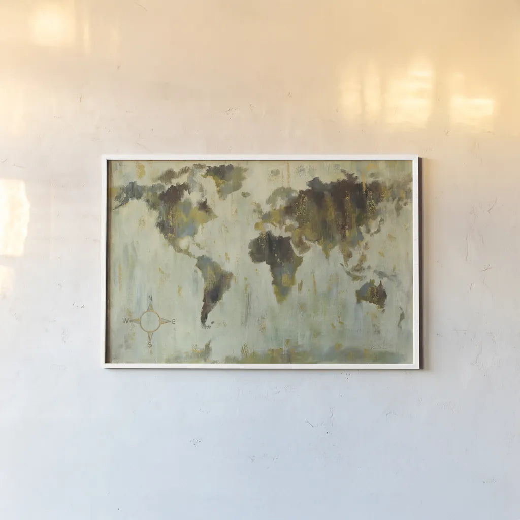 Bronze World Map by Silvia Vassileva. shown as a paper print in a white frame. Available as a archival giclee rolled canvas, fine art paper, or poster print. SKU 53713i.