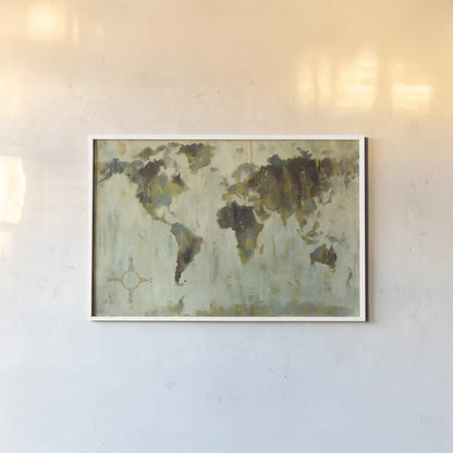 Bronze World Map by Silvia Vassileva. shown as a paper print in a white frame. Available as a archival giclee rolled canvas, fine art paper, or poster print. SKU 53713i.