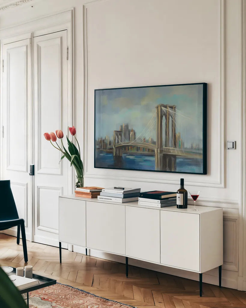 Brooklyn Bridge by Silvia Vassileva. shown as a framed stretched canvas in a living room above a console. Available as a archival giclee rolled canvas, fine art paper, or poster print. SKU 34100i.