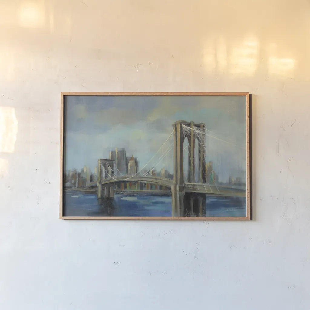Brooklyn Bridge by Silvia Vassileva. shown as a paper print in a natural frame. Available as a archival giclee rolled canvas, fine art paper, or poster print. SKU 34100i.
