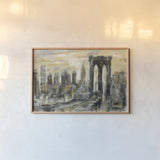 Brooklyn Bridge Gray and Gold by Silvia Vassileva. shown as a paper print in a natural frame. Available as a archival giclee rolled canvas, fine art paper, or poster print. SKU 44892i.
