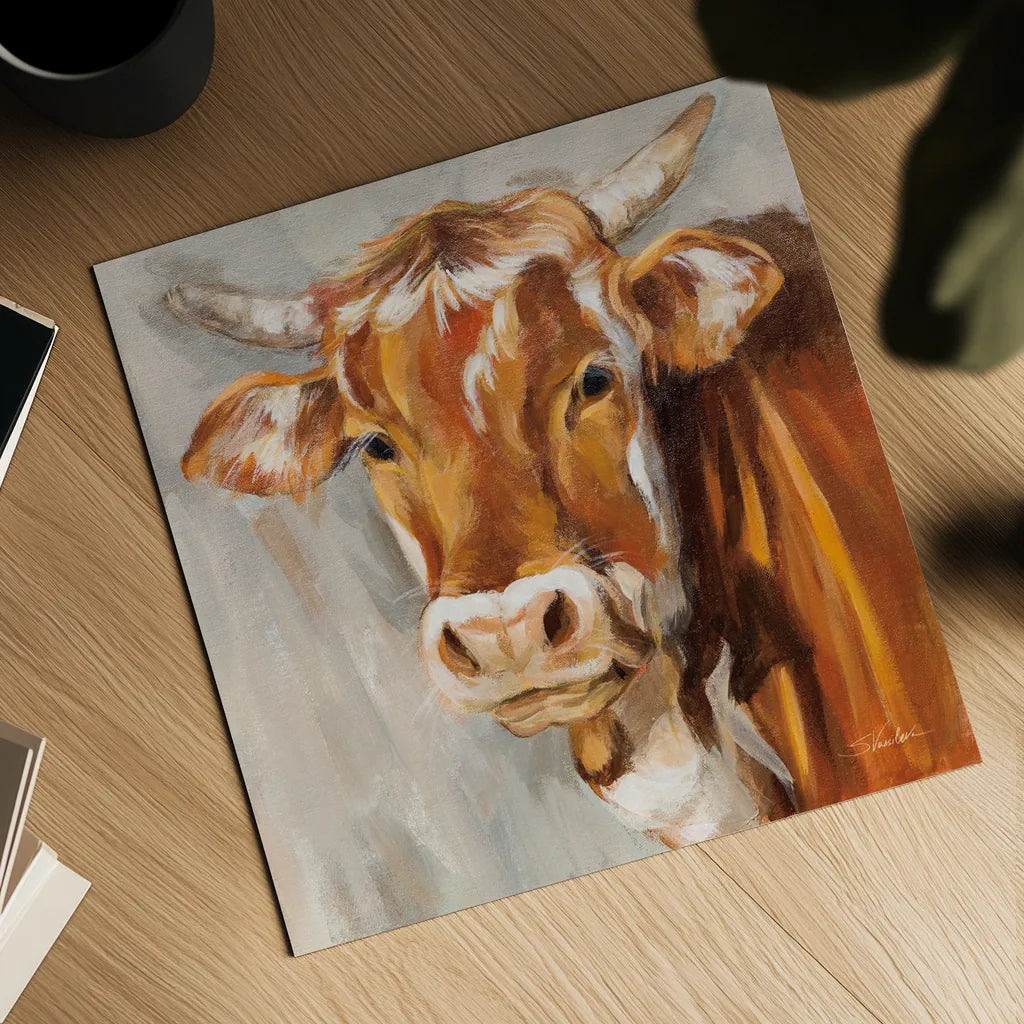 Brown Cow by Silvia Vassileva. Shown as a detailed flat fine art print, highlighting archival giclee quality. Available as an archival giclee rolled canvas, fine art paper, or poster print. SKU 83509a.