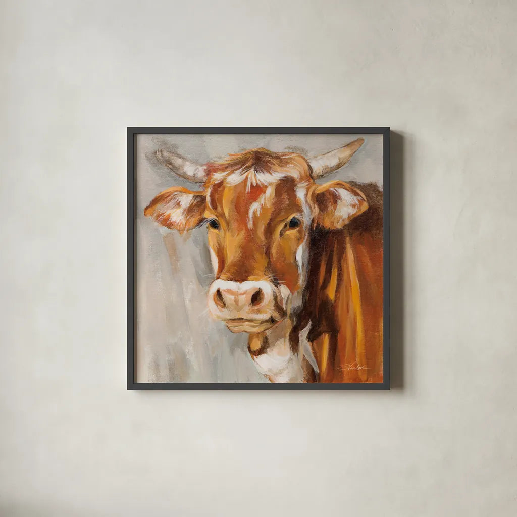 Brown Cow by Silvia Vassileva. Shown in a sleek black glass frame for a contemporary gallery look. Available as an archival giclee rolled canvas, fine art paper, or poster print. SKU 83509a.