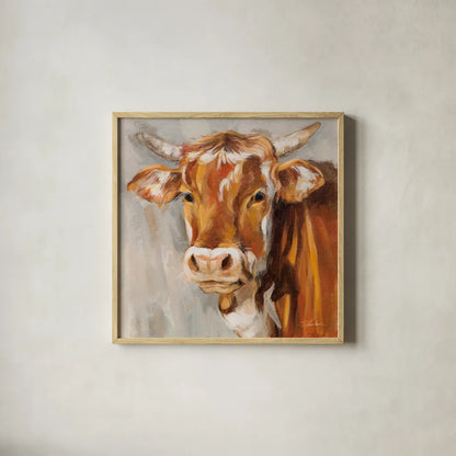 Brown Cow by Silvia Vassileva. Shown in a natural wood glass frame for a timeless modern aesthetic. Available as an archival giclee rolled canvas, fine art paper, or poster print. SKU 83509a.