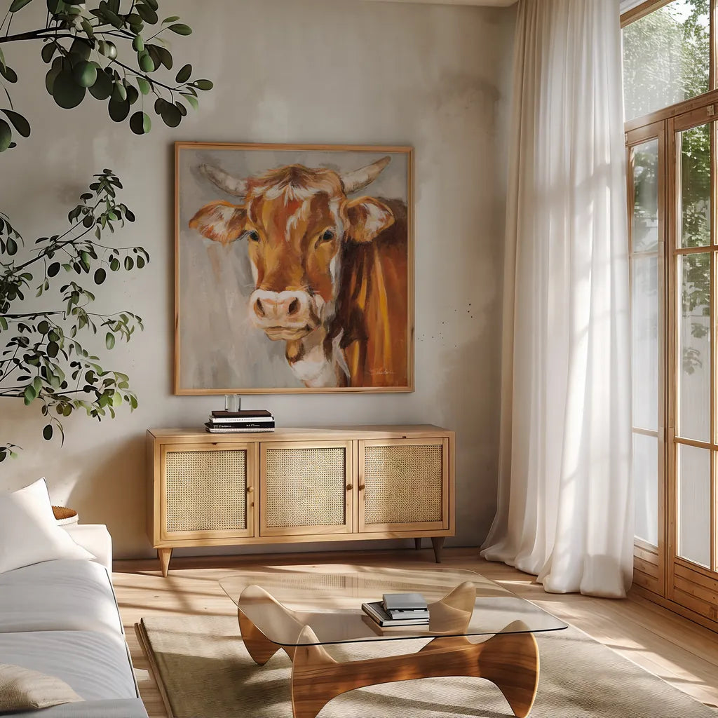 Brown Cow by Silvia Vassileva. Shown in a natural wood frame in a cozy modern living room. Available as an archival giclee rolled canvas, fine art paper, or poster print. SKU 83509a.