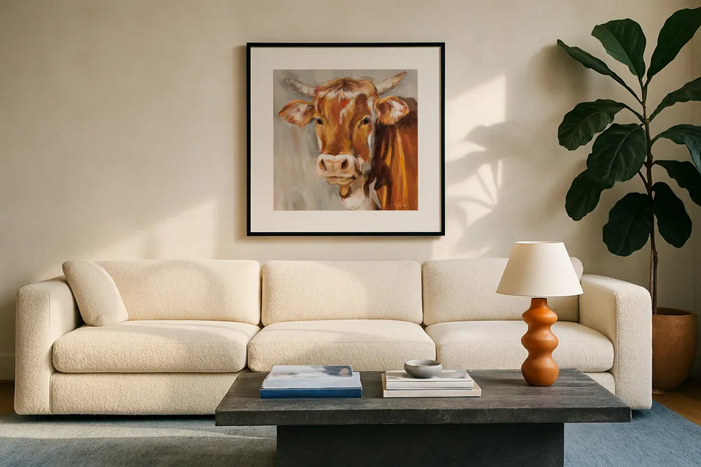 Brown Cow by Silvia Vassileva. Displayed in a glass frame with matte in a clean modern living room. Available as an archival giclee rolled canvas, fine art paper, or poster print. SKU 83509a.