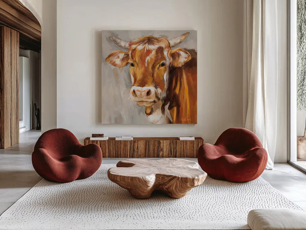 Brown Cow by Silvia Vassileva. Shown as extra-large giant wall art in a modern living room. Available as an archival giclee rolled canvas, fine art paper, or poster print. SKU 83509a.