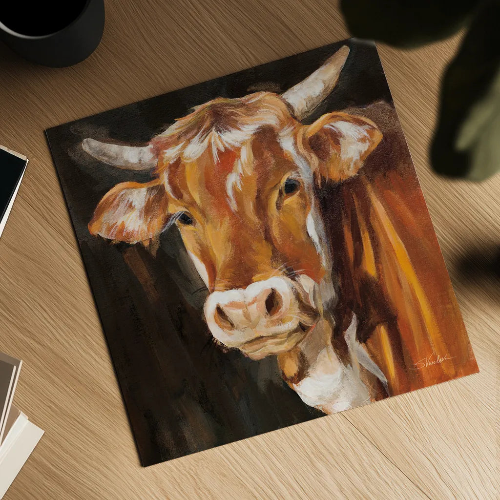 Brown Cow on Black by Silvia Vassileva. Shown as a detailed flat fine art print, highlighting archival giclee quality. Available as an archival giclee rolled canvas, fine art paper, or poster print. SKU 96642a.