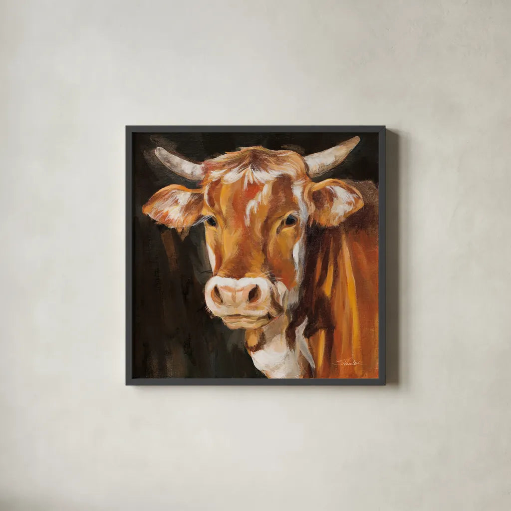 Brown Cow on Black by Silvia Vassileva. Shown in a sleek black glass frame for a contemporary gallery look. Available as an archival giclee rolled canvas, fine art paper, or poster print. SKU 96642a.