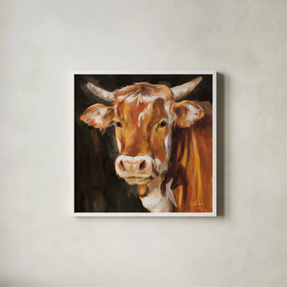 Brown Cow on Black by Silvia Vassileva. Shown in a crisp white glass frame for a clean and minimalist style. Available as an archival giclee rolled canvas, fine art paper, or poster print. SKU 96642a.