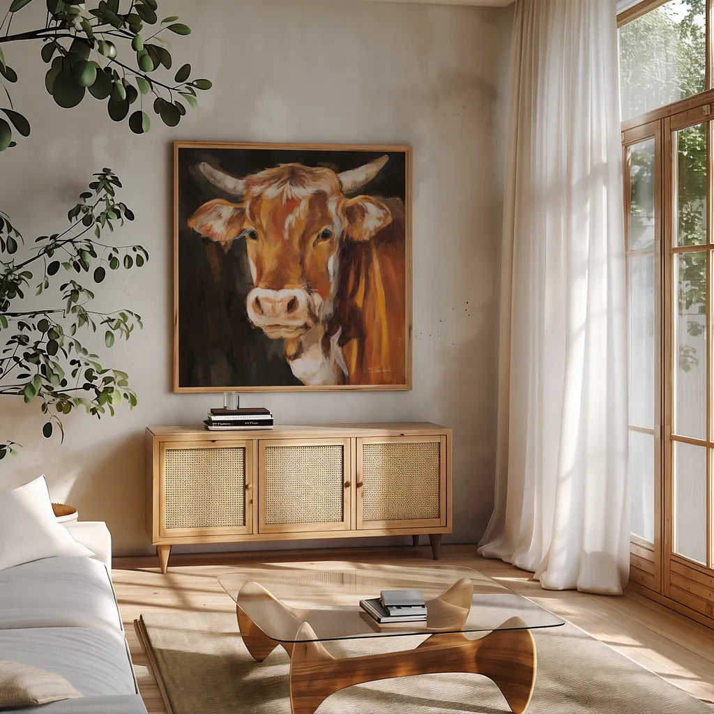 Brown Cow on Black by Silvia Vassileva. Shown in a natural wood frame in a cozy modern living room. Available as an archival giclee rolled canvas, fine art paper, or poster print. SKU 96642a.