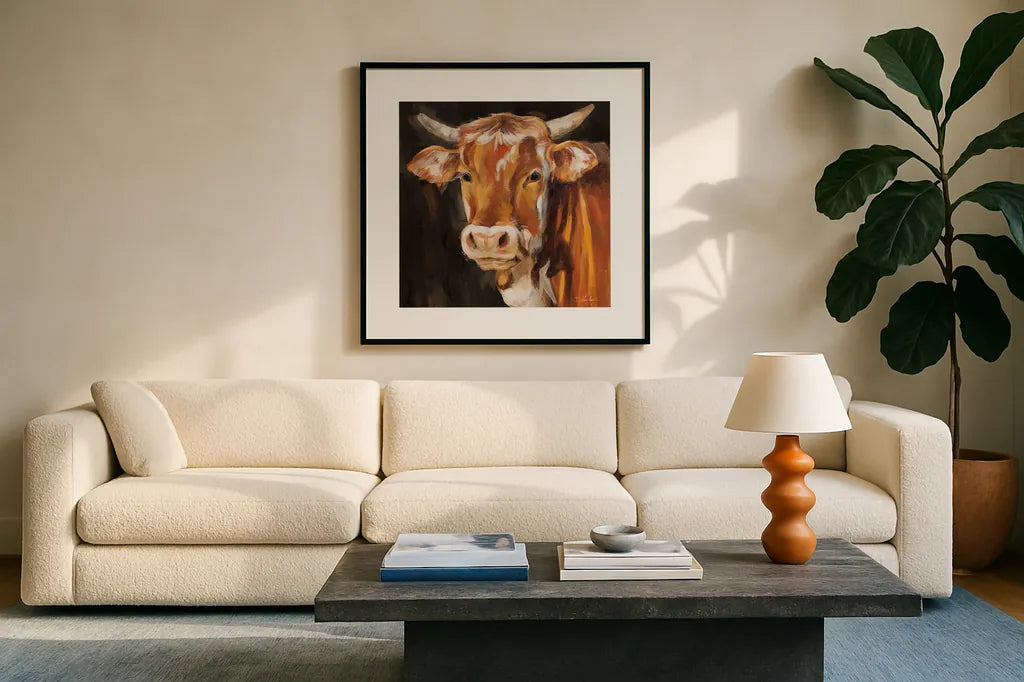 Brown Cow on Black by Silvia Vassileva. Displayed in a glass frame with matte in a clean modern living room. Available as an archival giclee rolled canvas, fine art paper, or poster print. SKU 96642a.