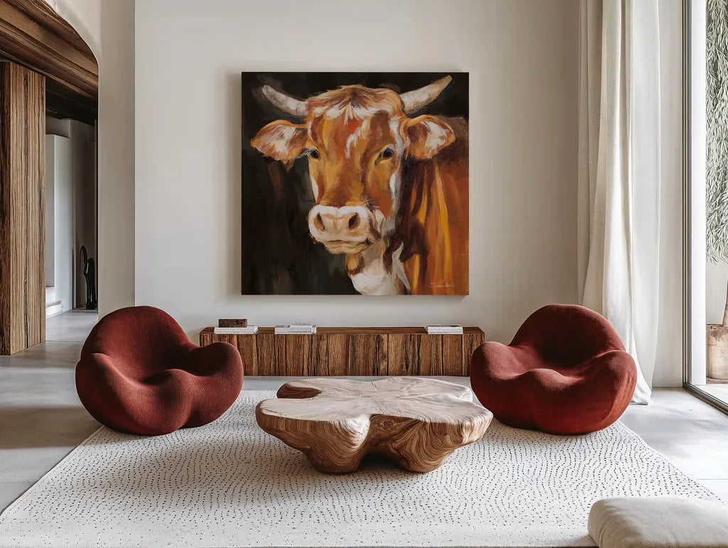 Brown Cow on Black by Silvia Vassileva. Shown as extra-large giant wall art in a modern living room. Available as an archival giclee rolled canvas, fine art paper, or poster print. SKU 96642a.