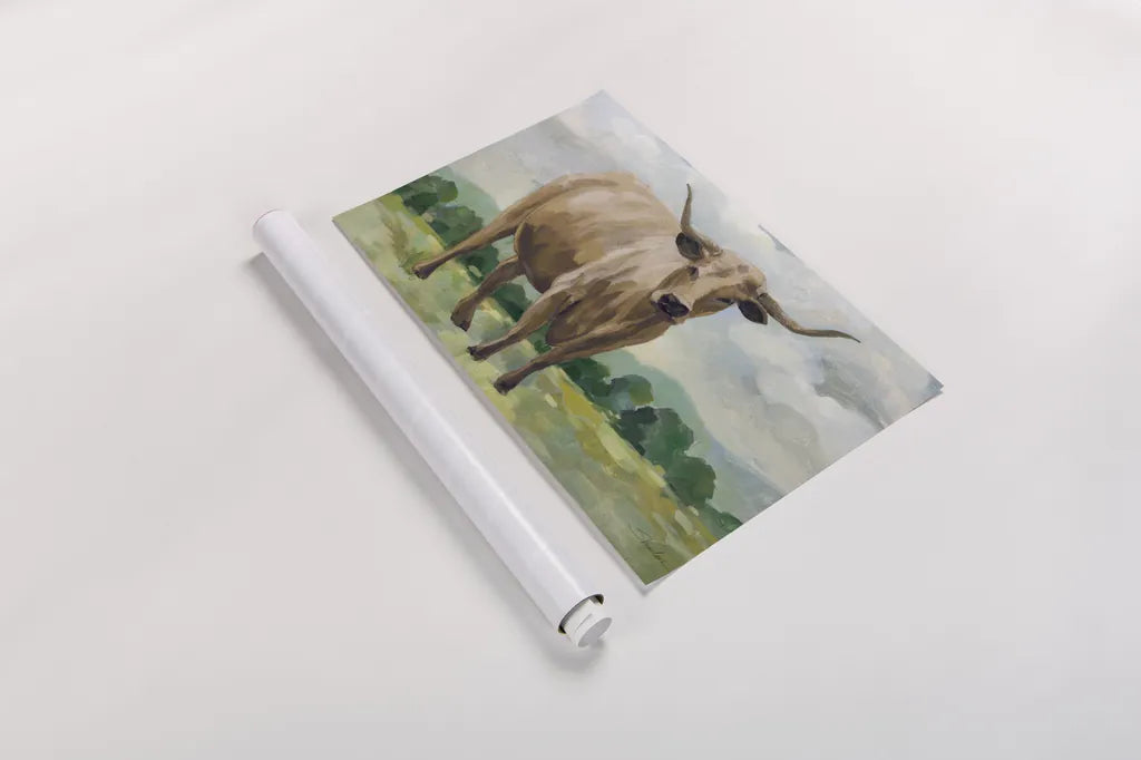 Brown Longhorn Cow by Silvia Vassileva. shown as a rolled paper print. Available as archival giclee rolled canvas, fine art paper, or poster print. SKU 96641i.