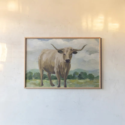 Brown Longhorn Cow by Silvia Vassileva. shown as a paper print in a natural frame. Available as a archival giclee rolled canvas, fine art paper, or poster print. SKU 96641i.