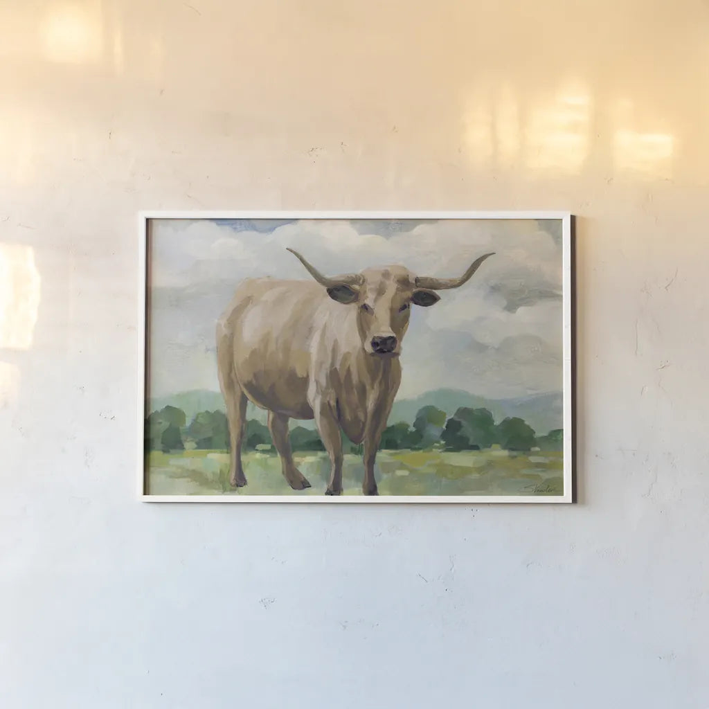 Brown Longhorn Cow by Silvia Vassileva. shown as a paper print in a white frame. Available as a archival giclee rolled canvas, fine art paper, or poster print. SKU 96641i.