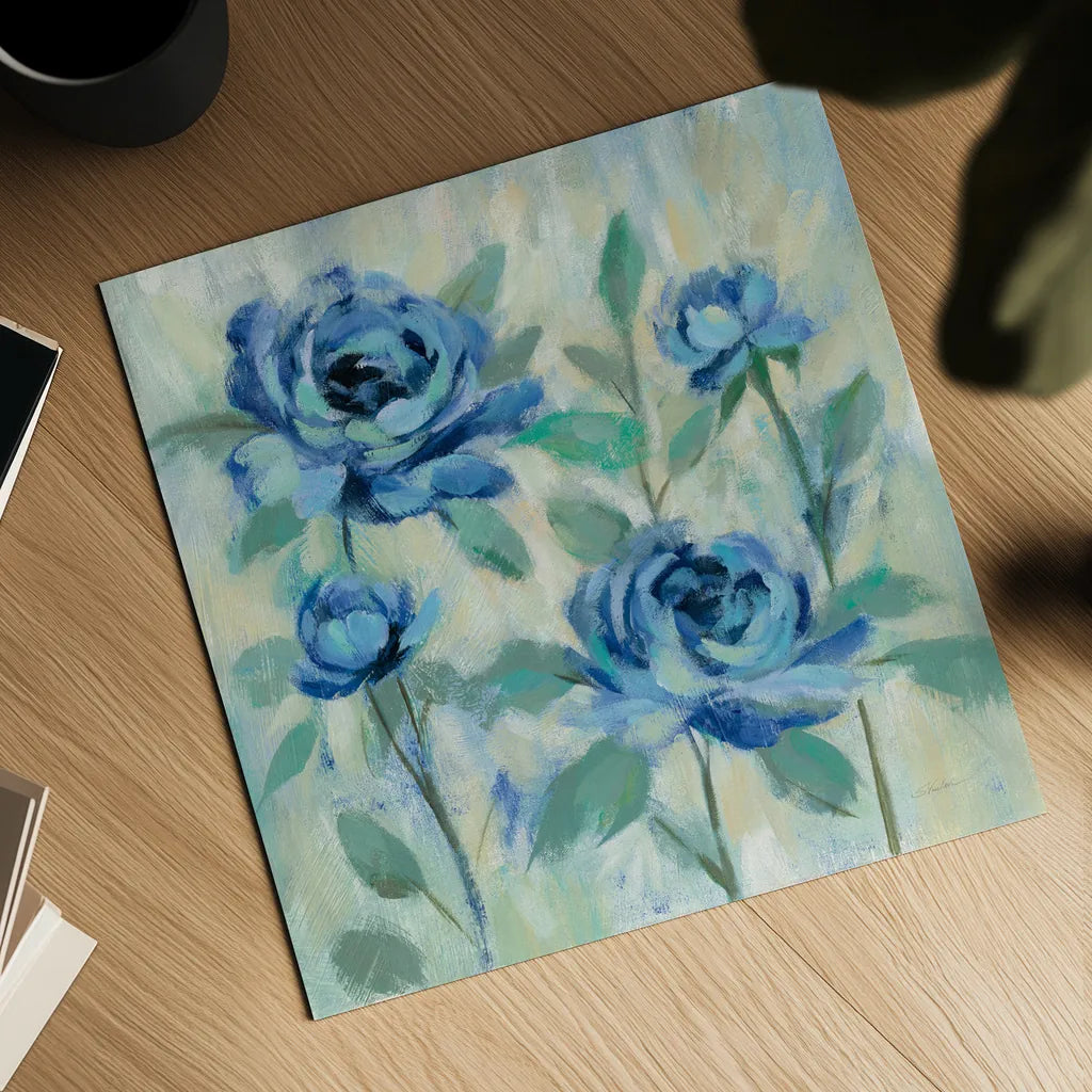 Brushy Blue Flowers I by Silvia Vassileva. Shown as a detailed flat fine art print, highlighting archival giclee quality. Available as an archival giclee rolled canvas, fine art paper, or poster print. SKU 49266a.