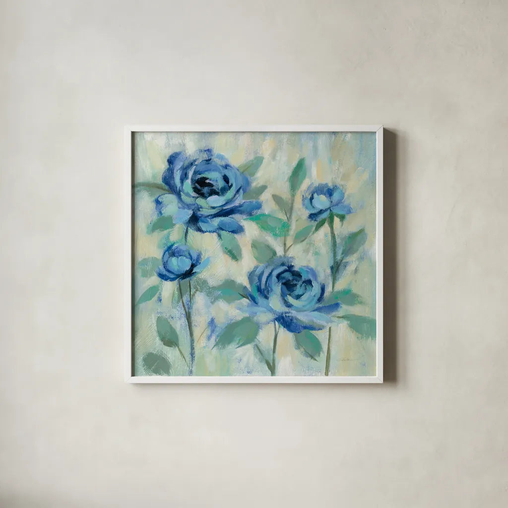 Brushy Blue Flowers I by Silvia Vassileva. Shown in a crisp white glass frame for a clean and minimalist style. Available as an archival giclee rolled canvas, fine art paper, or poster print. SKU 49266a.