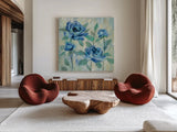 Brushy Blue Flowers I by Silvia Vassileva. Shown as extra-large giant wall art in a modern living room. Available as an archival giclee rolled canvas, fine art paper, or poster print. SKU 49266a.