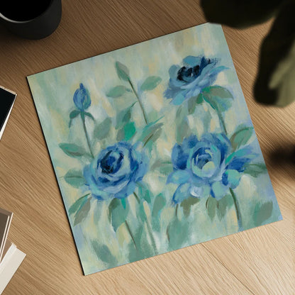 Brushy Blue Flowers II by Silvia Vassileva. Shown as a detailed flat fine art print, highlighting archival giclee quality. Available as an archival giclee rolled canvas, fine art paper, or poster print. SKU 49267a.