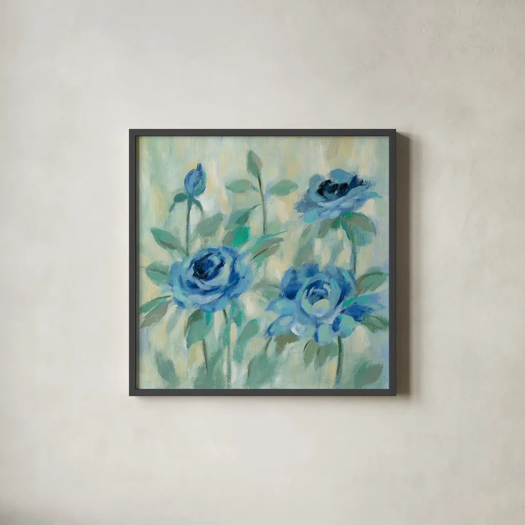 Brushy Blue Flowers II by Silvia Vassileva. Shown in a sleek black glass frame for a contemporary gallery look. Available as an archival giclee rolled canvas, fine art paper, or poster print. SKU 49267a.