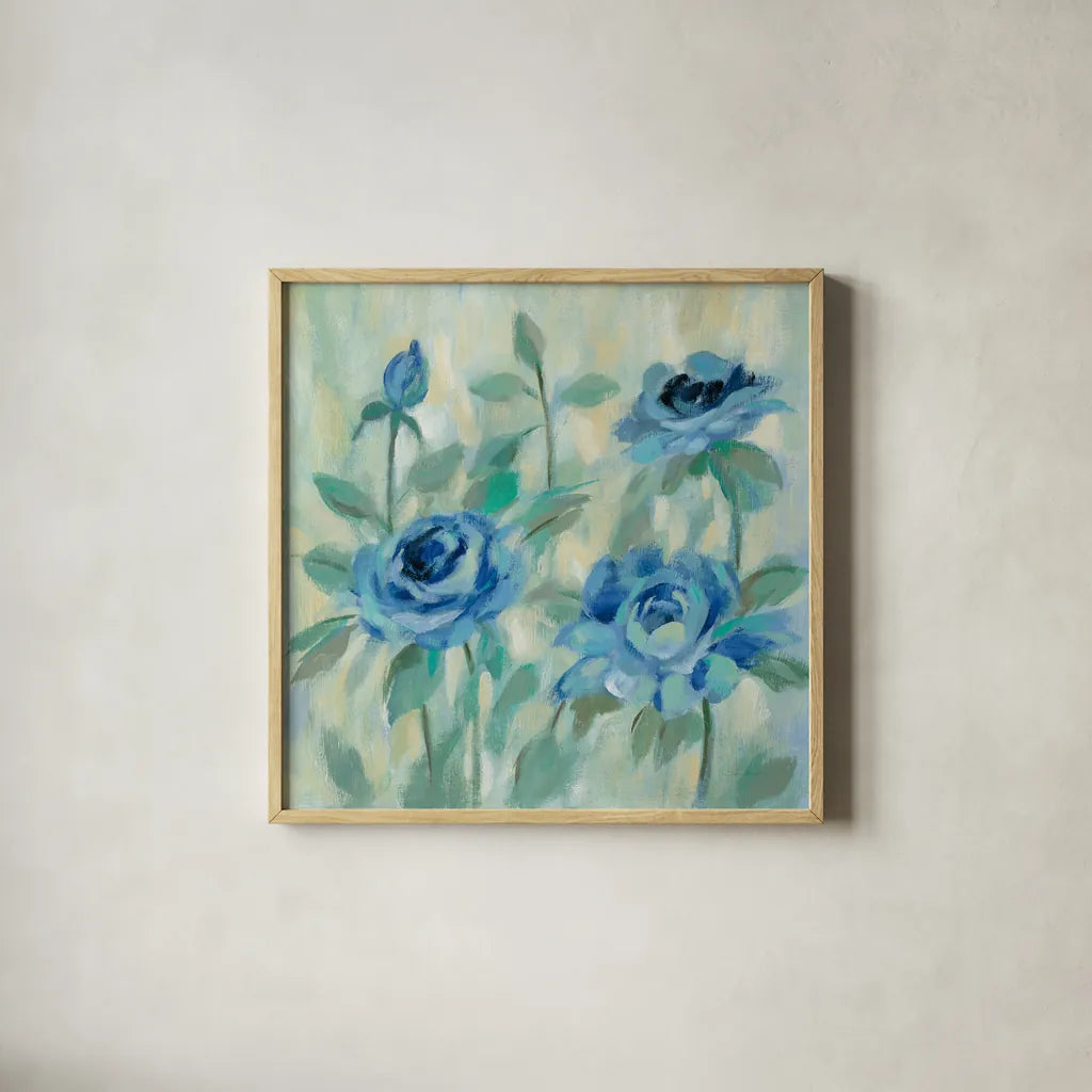 Brushy Blue Flowers II by Silvia Vassileva. Shown in a natural wood glass frame for a timeless modern aesthetic. Available as an archival giclee rolled canvas, fine art paper, or poster print. SKU 49267a.