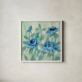 Brushy Blue Flowers II by Silvia Vassileva. Shown in a crisp white glass frame for a clean and minimalist style. Available as an archival giclee rolled canvas, fine art paper, or poster print. SKU 49267a.