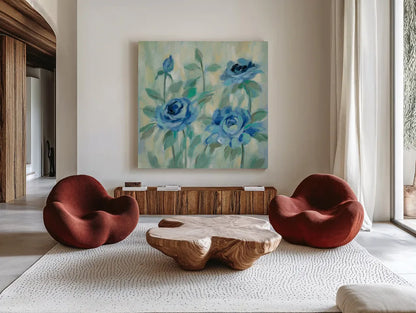Brushy Blue Flowers II by Silvia Vassileva. Shown as extra-large giant wall art in a modern living room. Available as an archival giclee rolled canvas, fine art paper, or poster print. SKU 49267a.