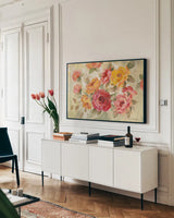 Brushy Roses by Silvia Vassileva. shown as a framed stretched canvas in a living room above a console. Available as a archival giclee rolled canvas, fine art paper, or poster print. SKU 23848i.