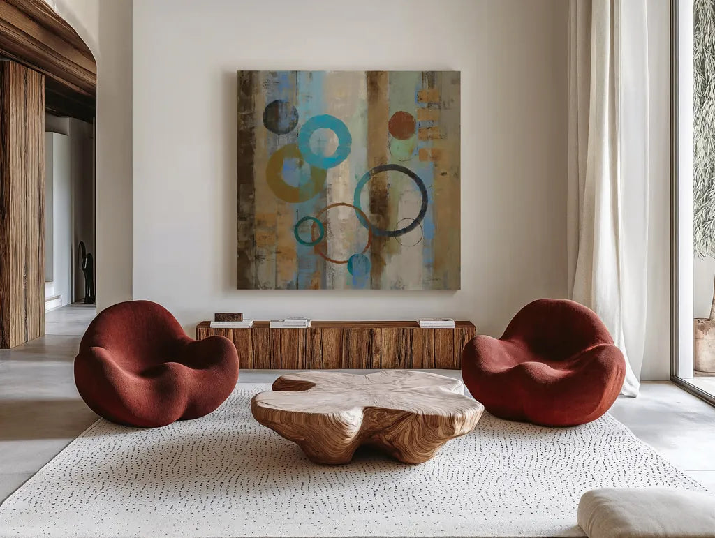 Bubble Graffiti I by Silvia Vassileva. Shown as extra-large giant wall art in a modern living room. Available as an archival giclee rolled canvas, fine art paper, or poster print. SKU 10545a.