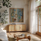 Bubble Graffiti II by Silvia Vassileva. Shown in a natural wood frame in a cozy modern living room. Available as an archival giclee rolled canvas, fine art paper, or poster print. SKU 10546a.
