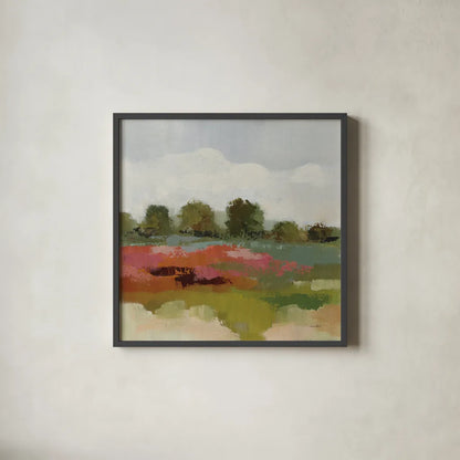 Burgundy and Sage Landscape I by Silvia Vassileva. Shown in a sleek black glass frame for a contemporary gallery look. Available as an archival giclee rolled canvas, fine art paper, or poster print. SKU 88438a.