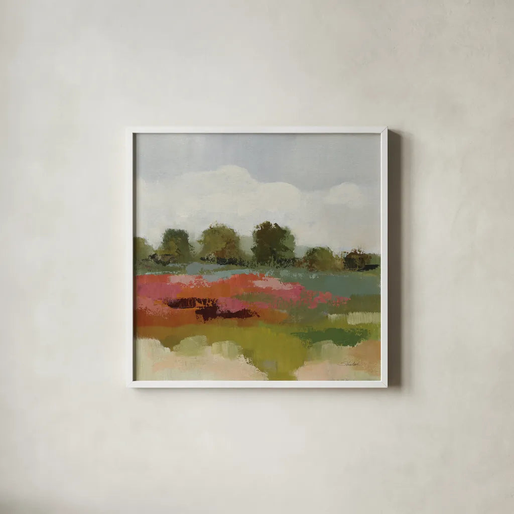 Burgundy and Sage Landscape I by Silvia Vassileva. Shown in a crisp white glass frame for a clean and minimalist style. Available as an archival giclee rolled canvas, fine art paper, or poster print. SKU 88438a.