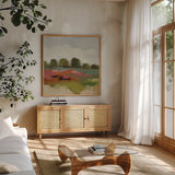 Burgundy and Sage Landscape I by Silvia Vassileva. Shown in a natural wood frame in a cozy modern living room. Available as an archival giclee rolled canvas, fine art paper, or poster print. SKU 88438a.