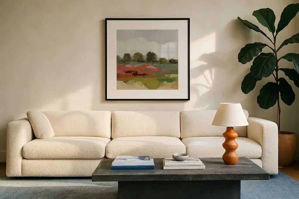 Burgundy and Sage Landscape I by Silvia Vassileva. Displayed in a glass frame with matte in a clean modern living room. Available as an archival giclee rolled canvas, fine art paper, or poster print. SKU 88438a.