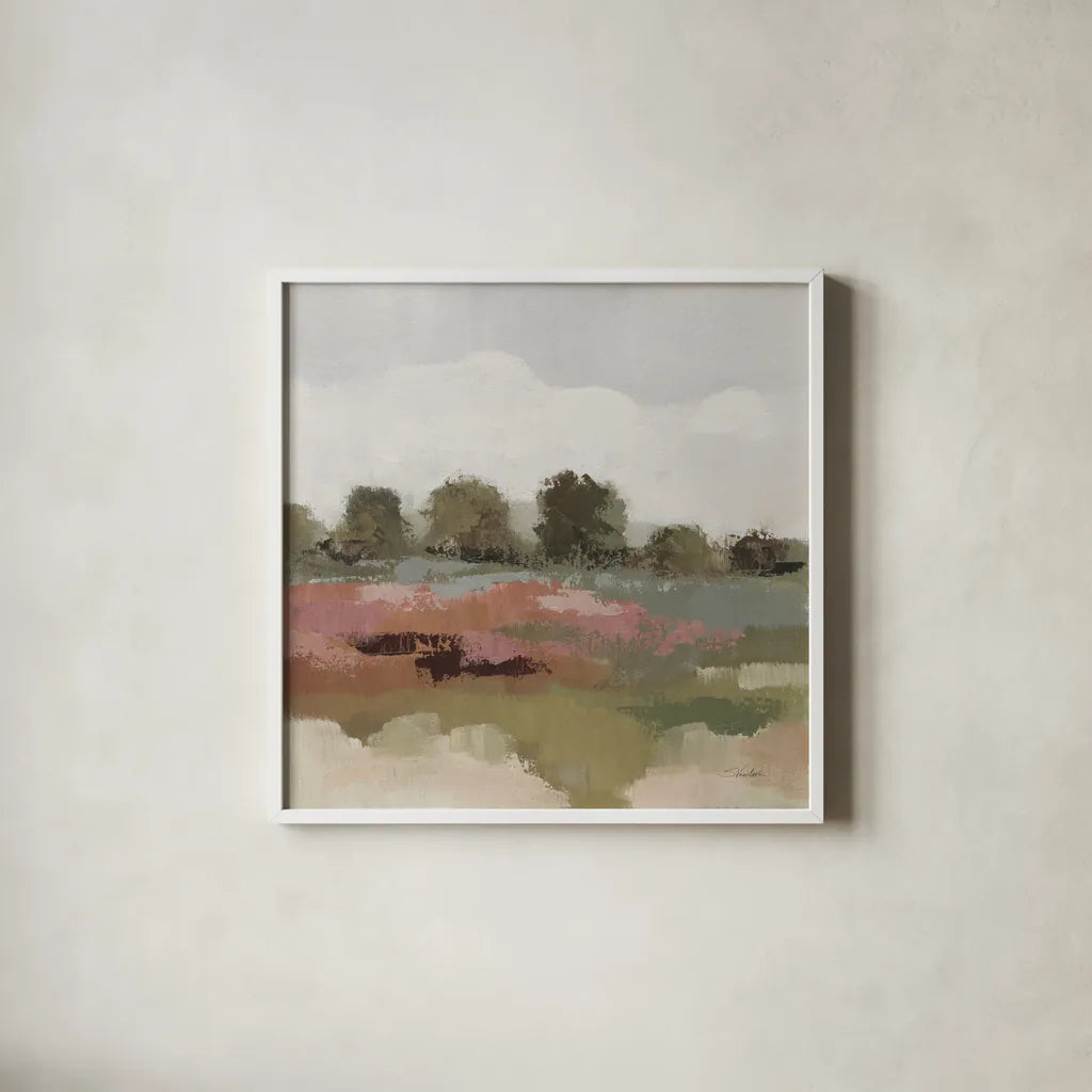 Burgundy and Sage Landscape I Light by Silvia Vassileva. Shown in a crisp white glass frame for a clean and minimalist style. Available as an archival giclee rolled canvas, fine art paper, or poster print. SKU 91295a.