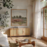 Burgundy and Sage Landscape I Light by Silvia Vassileva. Shown in a natural wood frame in a cozy modern living room. Available as an archival giclee rolled canvas, fine art paper, or poster print. SKU 91295a.