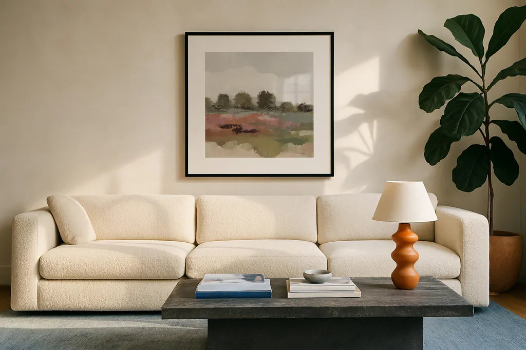 Burgundy and Sage Landscape I Light by Silvia Vassileva. Displayed in a glass frame with matte in a clean modern living room. Available as an archival giclee rolled canvas, fine art paper, or poster print. SKU 91295a.