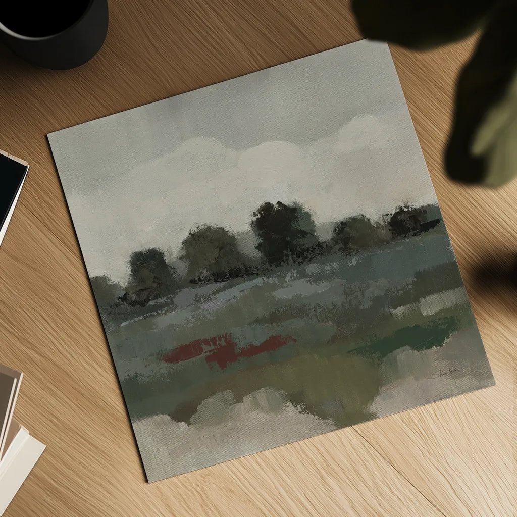 Burgundy and Sage Landscape I Moody by Silvia Vassileva. Shown as a detailed flat fine art print, highlighting archival giclee quality. Available as an archival giclee rolled canvas, fine art paper, or poster print. SKU 89292a.