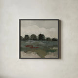 Burgundy and Sage Landscape I Moody by Silvia Vassileva. Shown in a sleek black glass frame for a contemporary gallery look. Available as an archival giclee rolled canvas, fine art paper, or poster print. SKU 89292a.