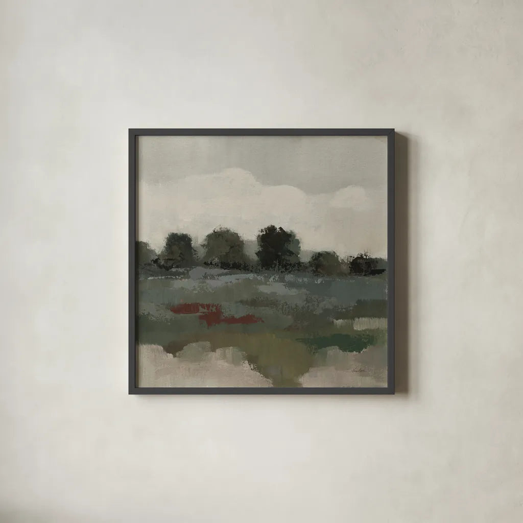 Burgundy and Sage Landscape I Moody by Silvia Vassileva. Shown in a sleek black glass frame for a contemporary gallery look. Available as an archival giclee rolled canvas, fine art paper, or poster print. SKU 89292a.