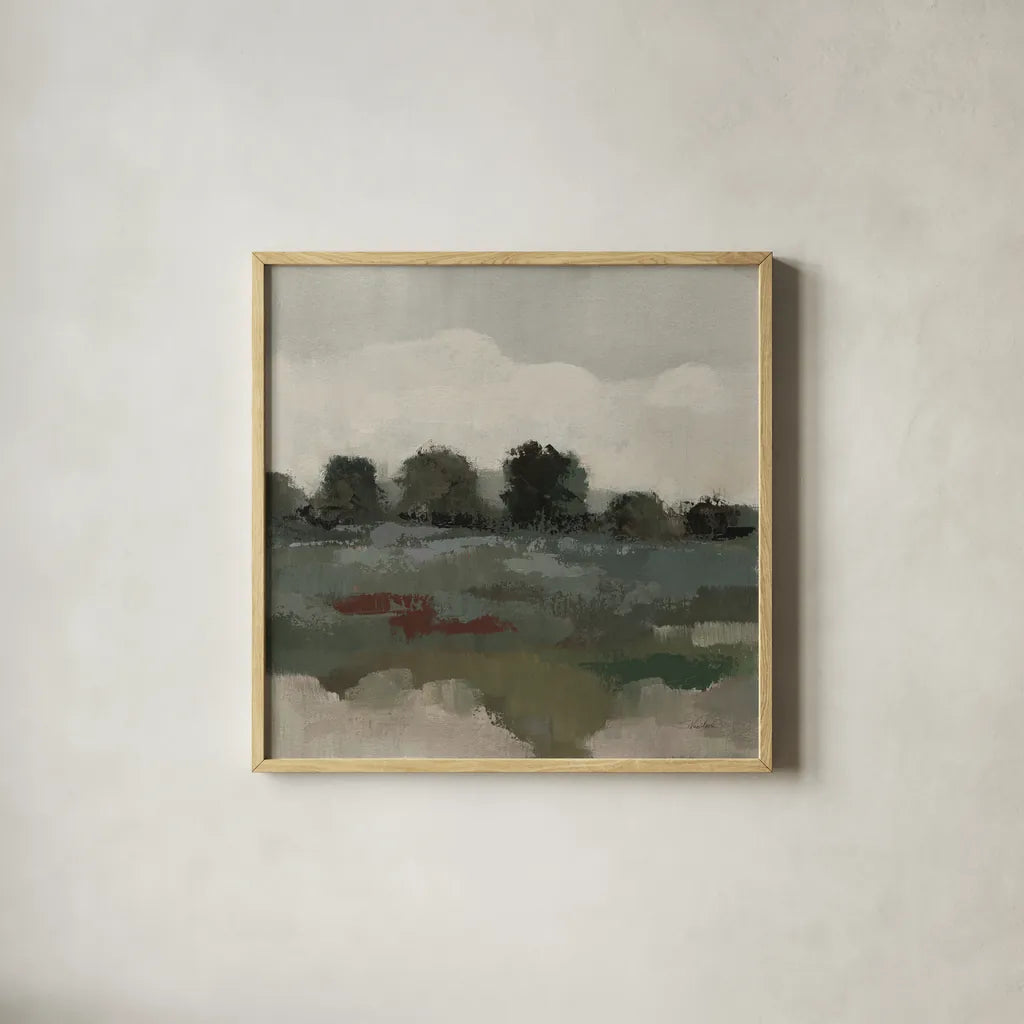 Burgundy and Sage Landscape I Moody by Silvia Vassileva. Shown in a natural wood glass frame for a timeless modern aesthetic. Available as an archival giclee rolled canvas, fine art paper, or poster print. SKU 89292a.