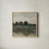 Burgundy and Sage Landscape I Moody by Silvia Vassileva. Shown in a natural wood glass frame for a timeless modern aesthetic. Available as an archival giclee rolled canvas, fine art paper, or poster print. SKU 89292a.