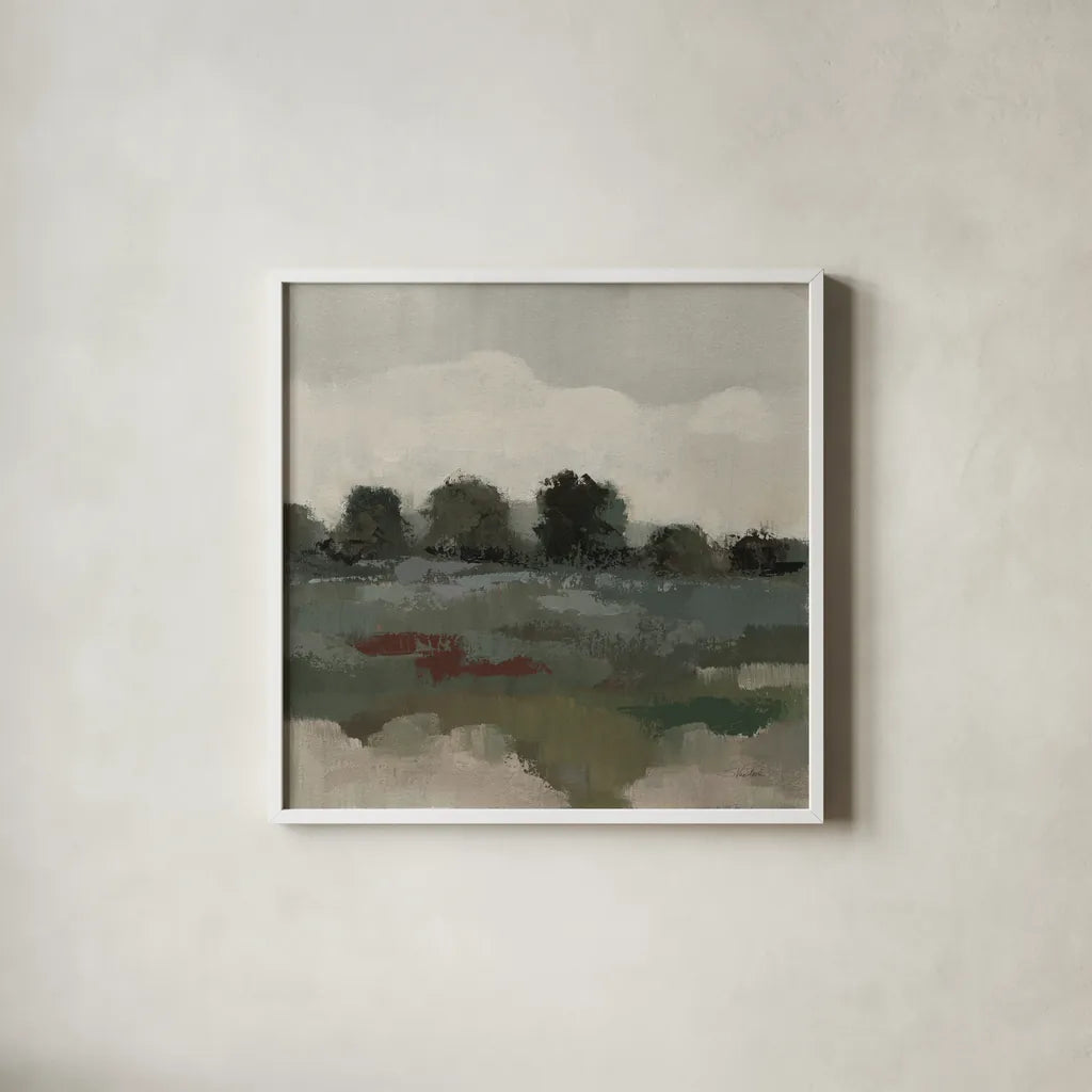 Burgundy and Sage Landscape I Moody by Silvia Vassileva. Shown in a crisp white glass frame for a clean and minimalist style. Available as an archival giclee rolled canvas, fine art paper, or poster print. SKU 89292a.