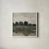Burgundy and Sage Landscape I Moody by Silvia Vassileva. Shown in a crisp white glass frame for a clean and minimalist style. Available as an archival giclee rolled canvas, fine art paper, or poster print. SKU 89292a.