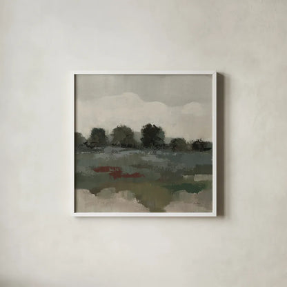 Burgundy and Sage Landscape I Moody by Silvia Vassileva. Shown in a crisp white glass frame for a clean and minimalist style. Available as an archival giclee rolled canvas, fine art paper, or poster print. SKU 89292a.