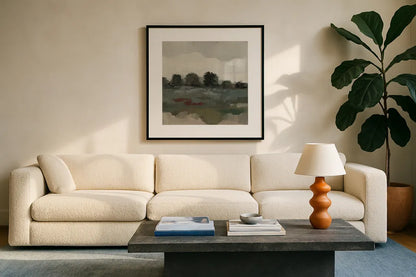 Burgundy and Sage Landscape I Moody by Silvia Vassileva. Displayed in a glass frame with matte in a clean modern living room. Available as an archival giclee rolled canvas, fine art paper, or poster print. SKU 89292a.