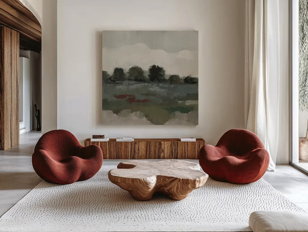 Burgundy and Sage Landscape I Moody by Silvia Vassileva. Shown as extra-large giant wall art in a modern living room. Available as an archival giclee rolled canvas, fine art paper, or poster print. SKU 89292a.