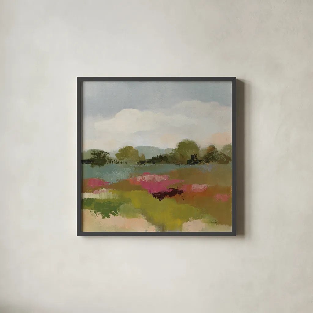 Burgundy and Sage Landscape II by Silvia Vassileva. Shown in a sleek black glass frame for a contemporary gallery look. Available as an archival giclee rolled canvas, fine art paper, or poster print. SKU 88439a.